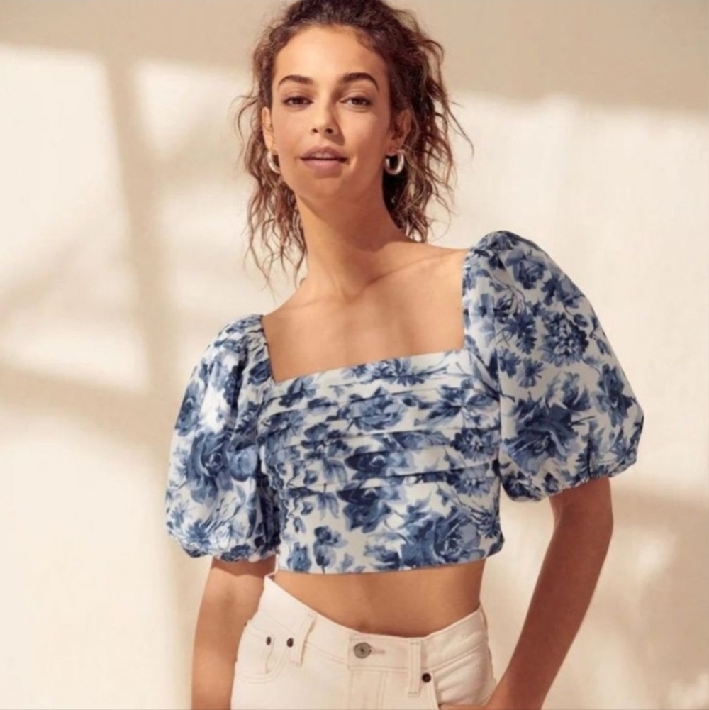 Abercrombie and Fitch Puff Sleeve Cropped Blue White Smocked Top